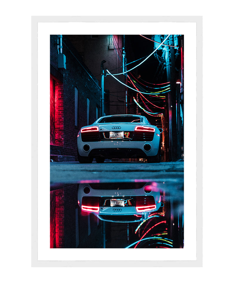 Audi R8 Neon Reflection Poster, Sports Car Wall Art